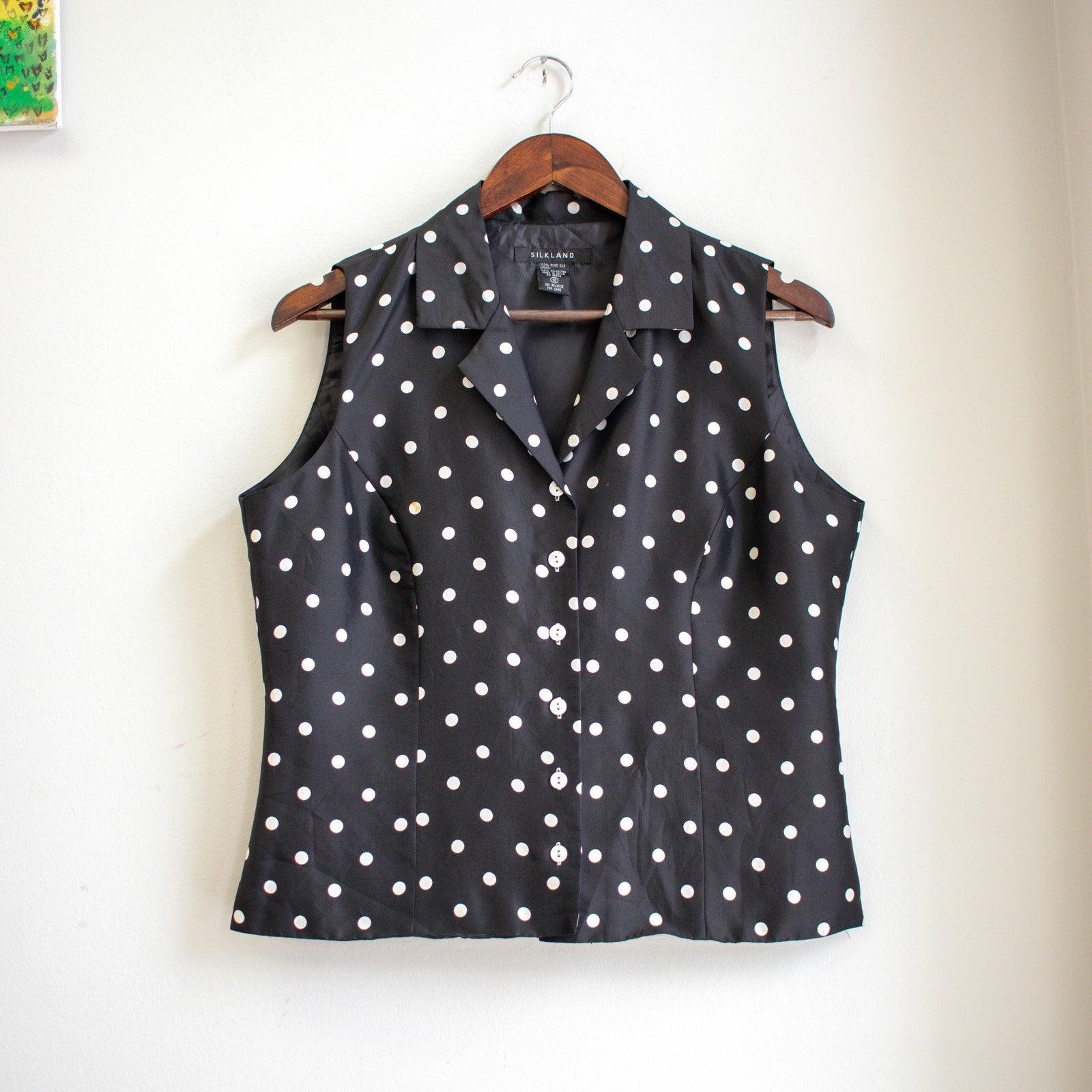 Vintage Silkland Black and White Polka-Dot Silk Sleeveless Top Size 10