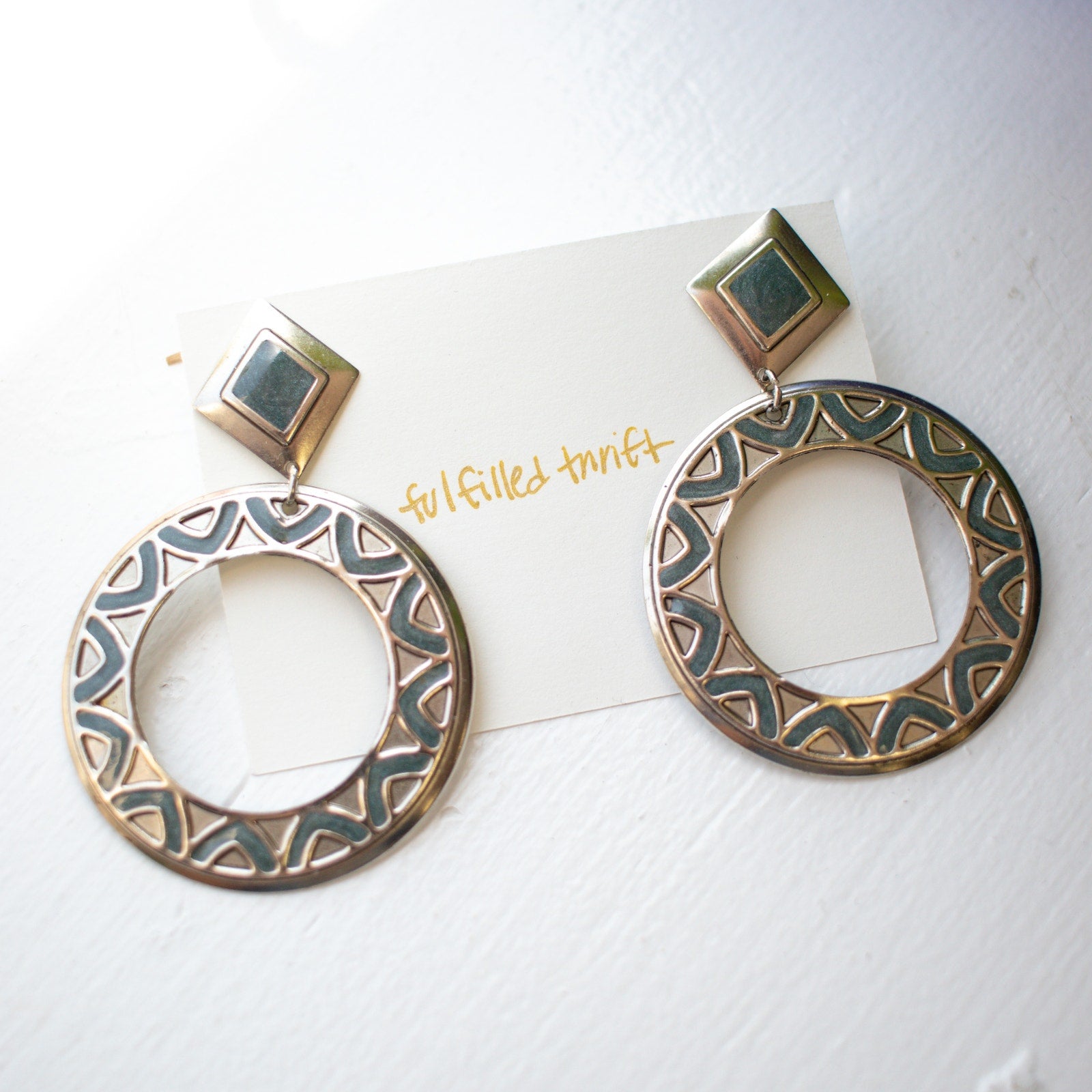Vintage Geometric Dark Blue Dangle Hoop Earrings