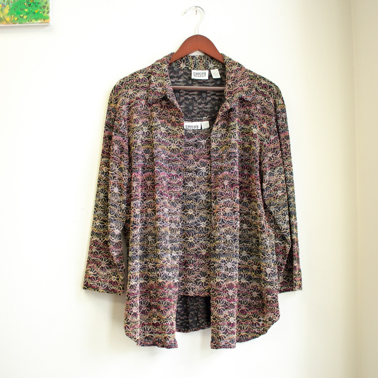Vintage Chico's Design Sheer Embroidered Floral Cardigan Top Set Size Small