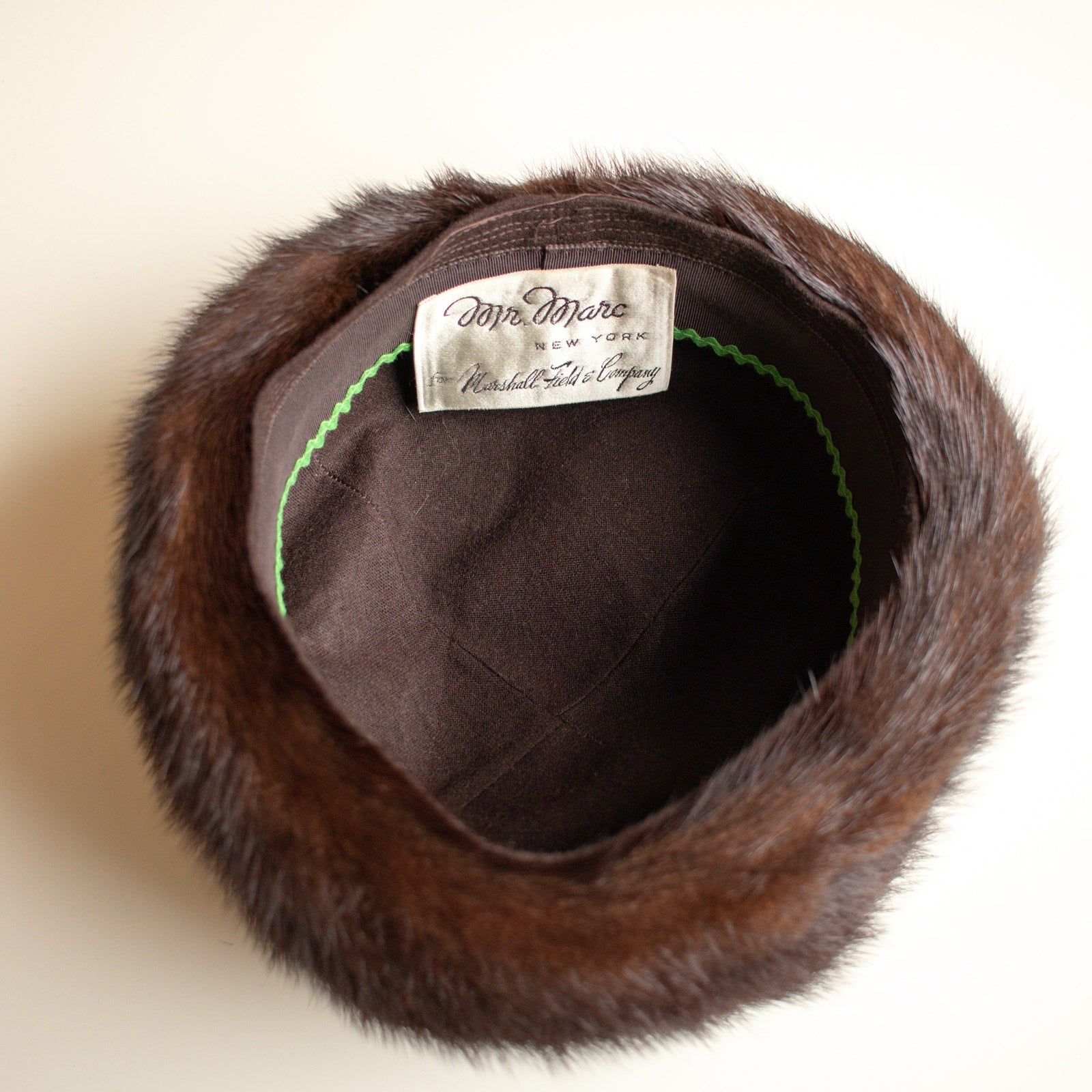 Vintage Dark Brown Fur Pillbox Hat | Mr. Mark New York hat in Marshall Fields Box
