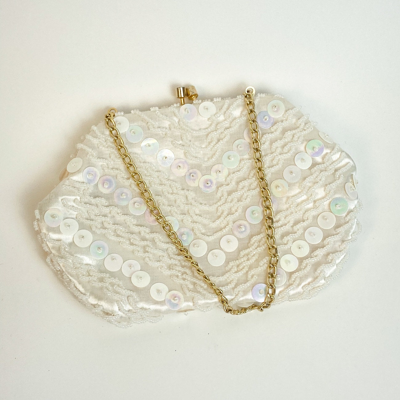 Satin Beaded Evening Bag Hand Made in Hong Kong Cream Gold Tone White Clutch