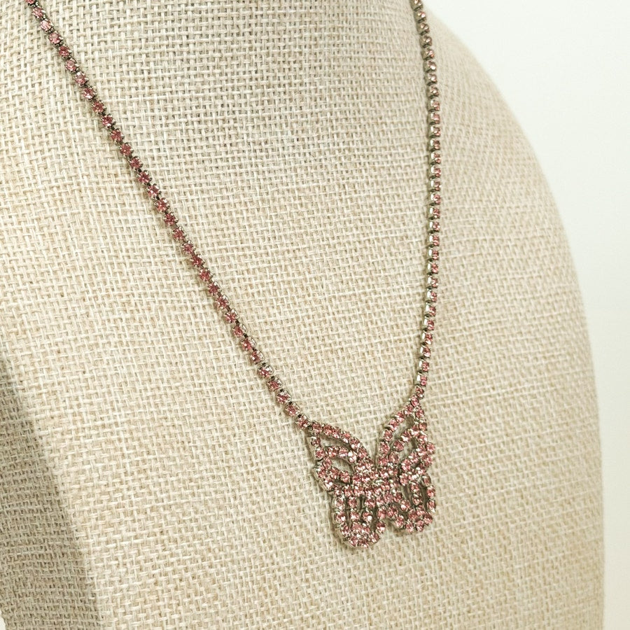 Pink Rhinestone Butterfly Necklace