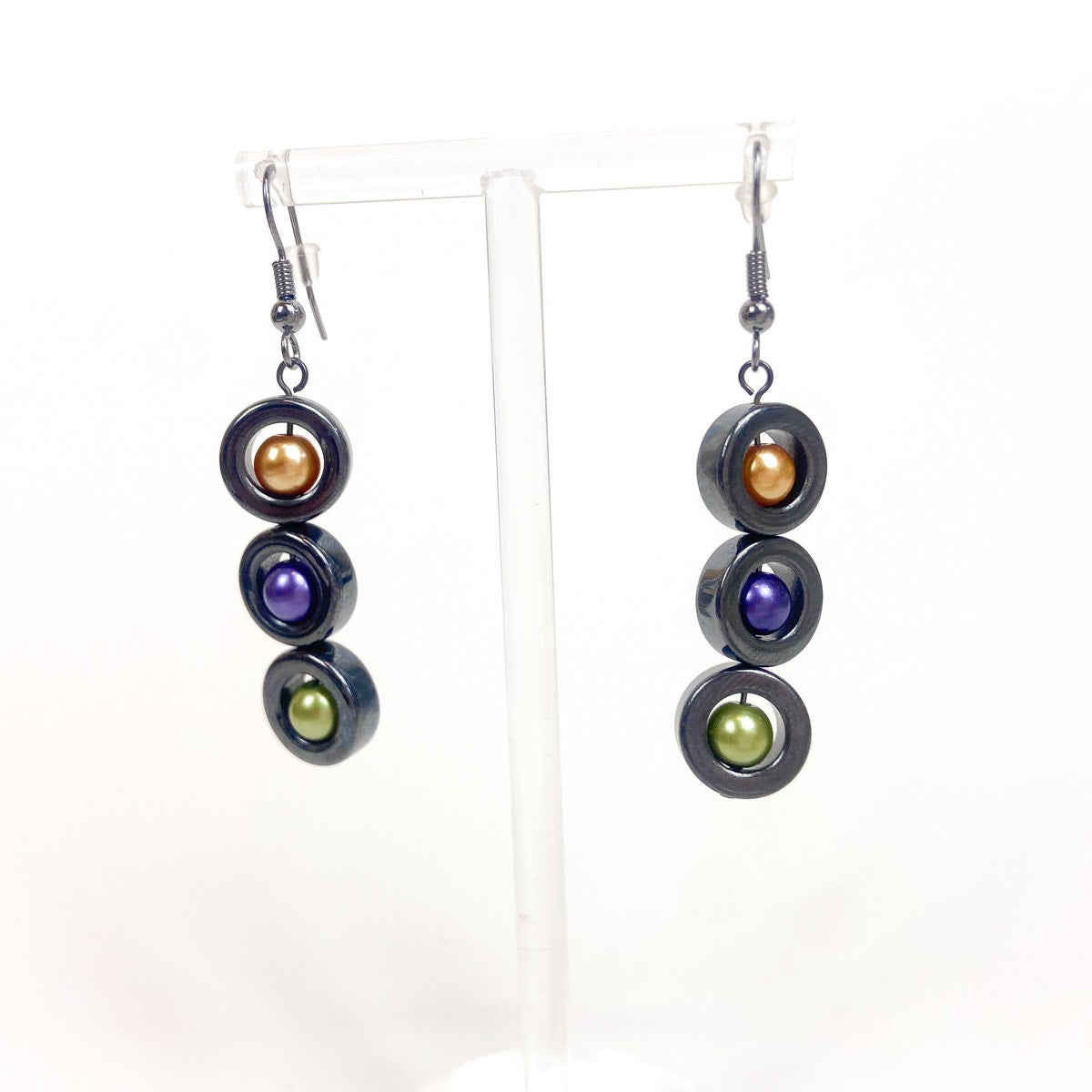 Hematite Colorful Bead Earrings Gunmetal Gray