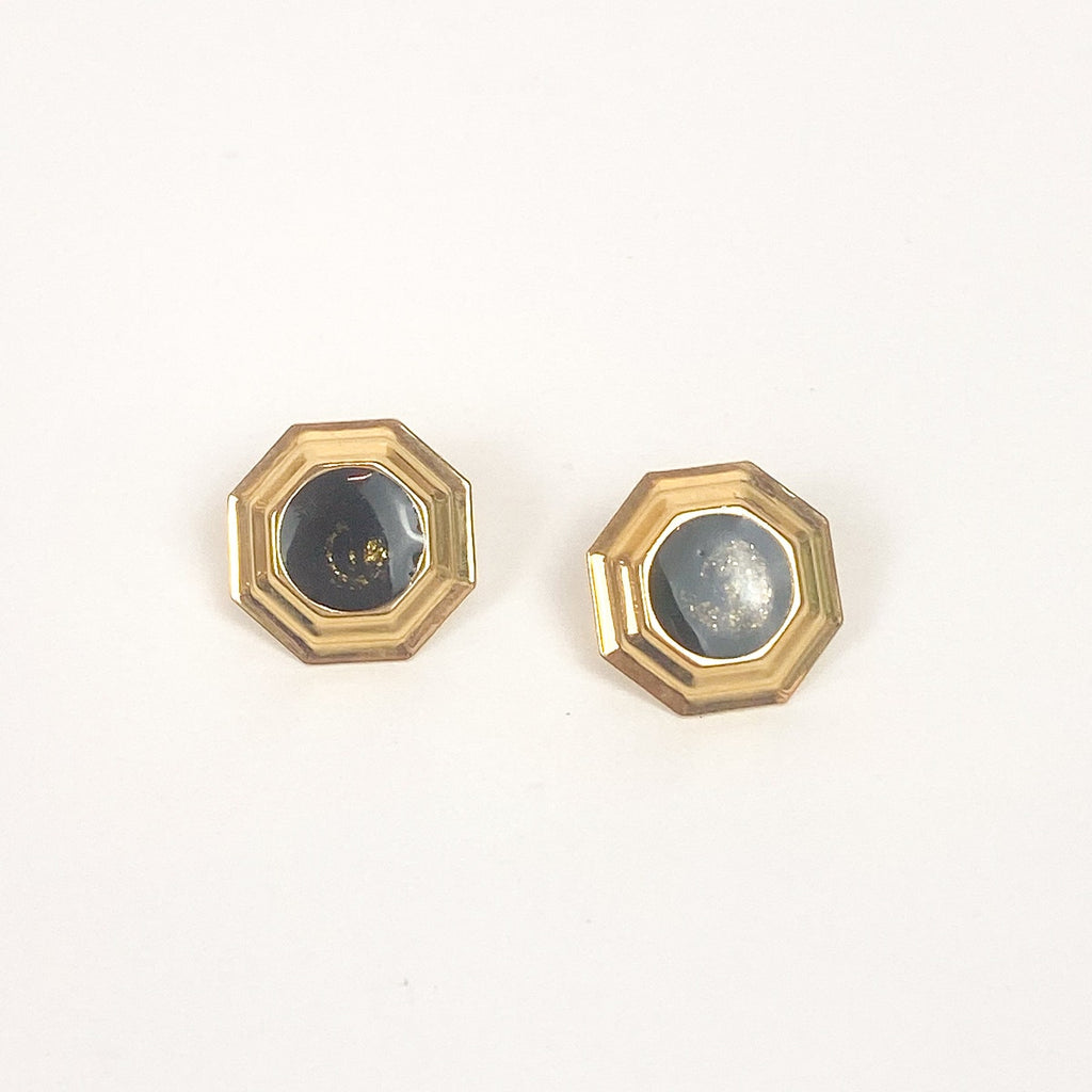 Gold Tone Enamel Stud Earrings Retro Hexagon Bezel