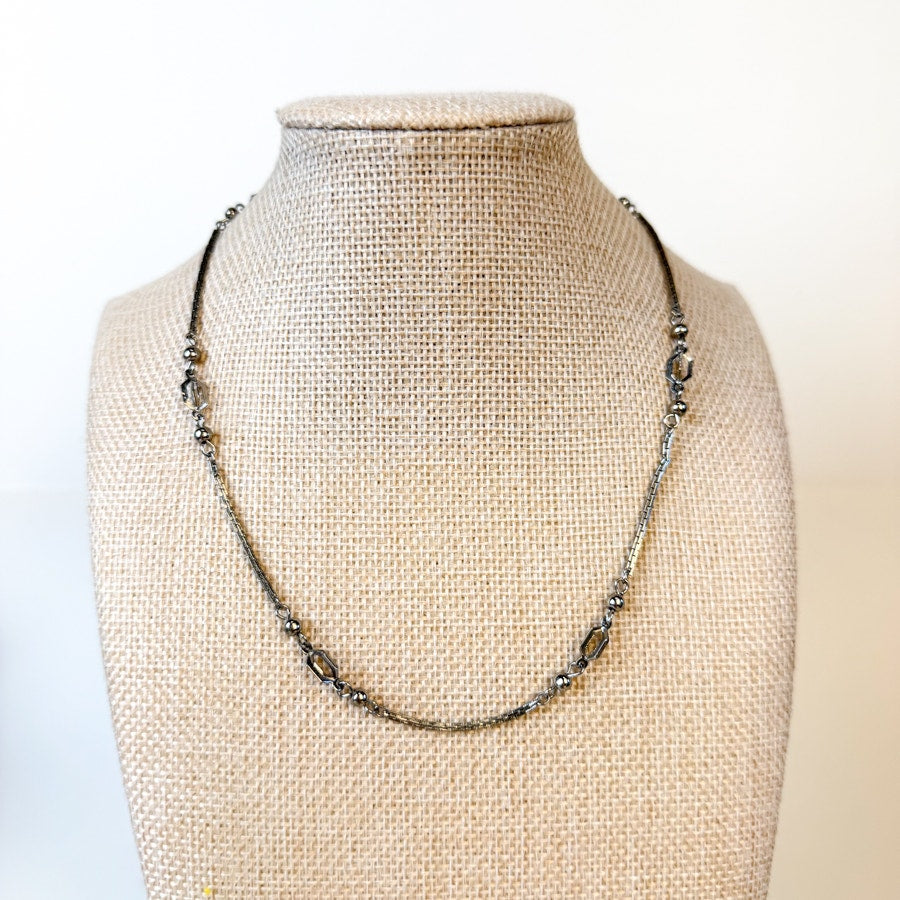 Vintage Silvery Station Necklace Open Work Cage Beads Short Chain