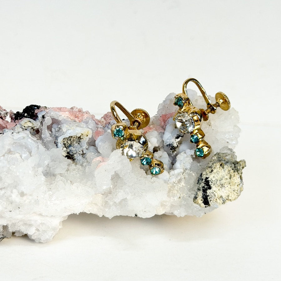 Blue and White Rhinestone Screw Back Earrings Vintage Gold-tone Clip-Ons