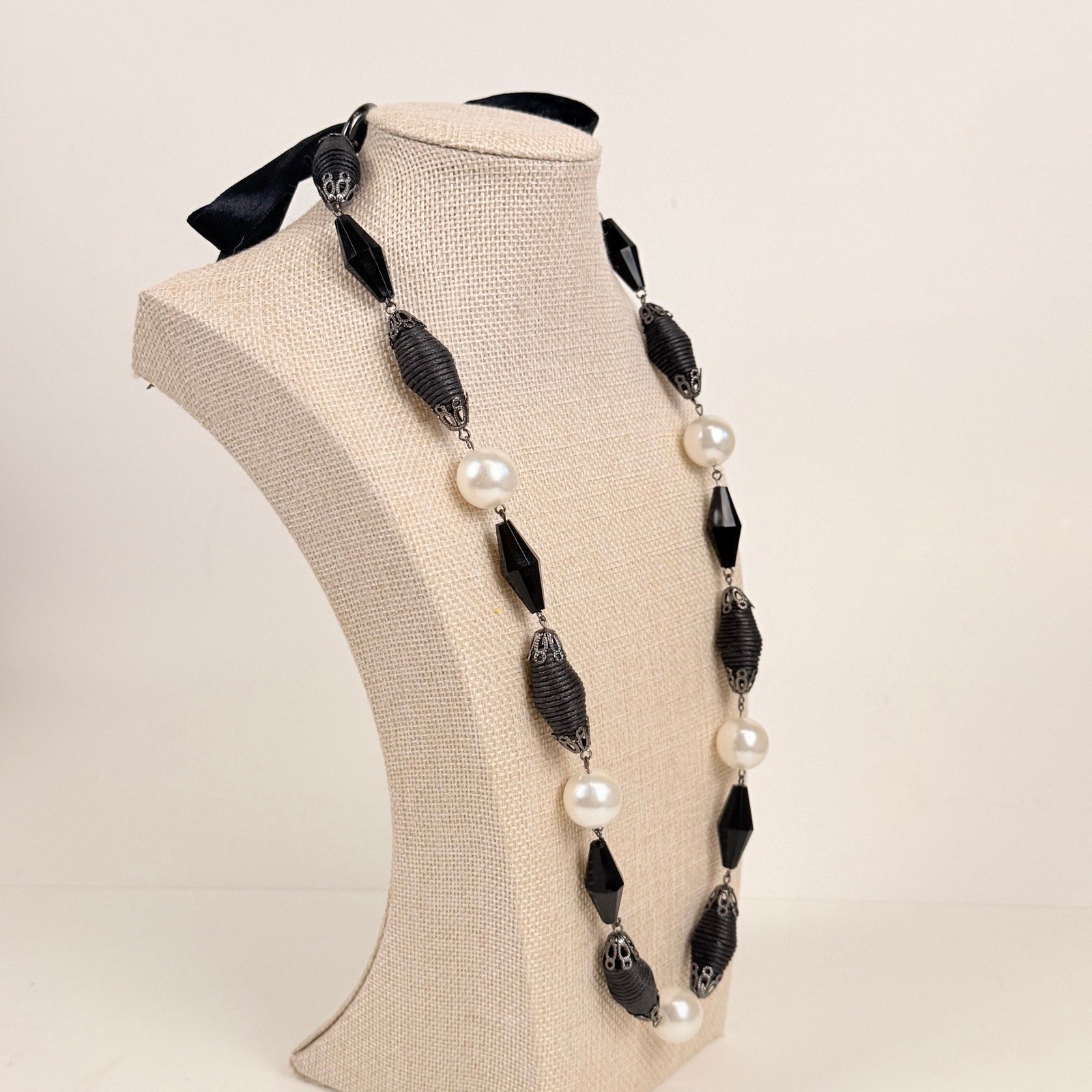 Tie Back Station Necklace Black and Pearlescent Beads Long Statement
