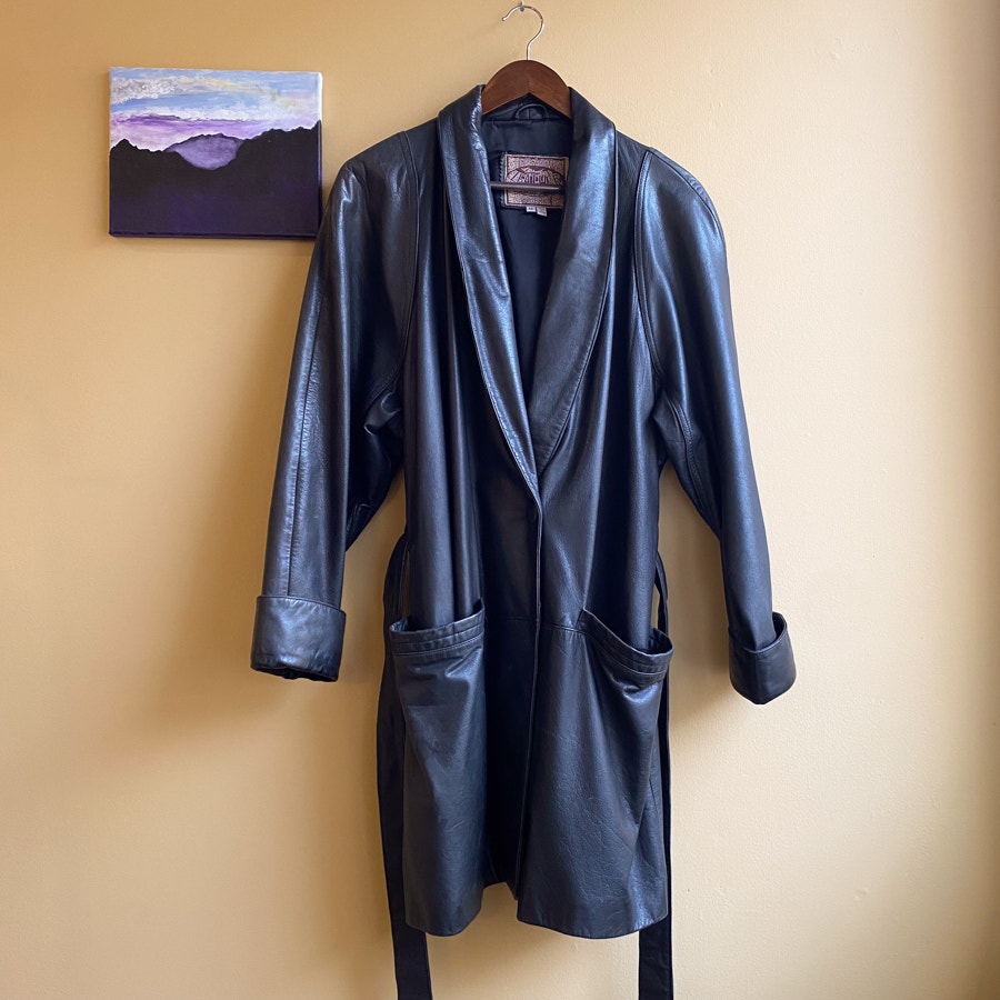 Black Leather Jacket Vintage Belted Robe Women's Size Medium