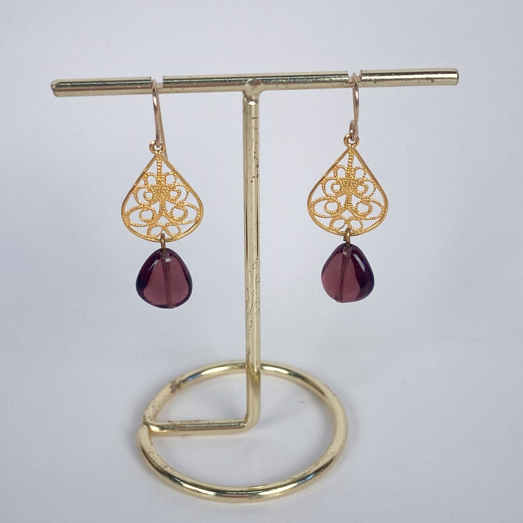 Gold Tone and Purple Bead Drop Earrings