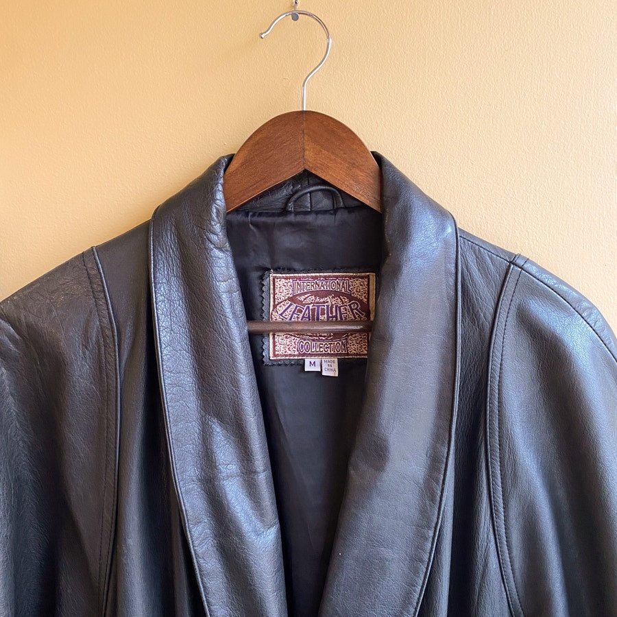 Black Leather Jacket Vintage Belted Robe Women's Size Medium