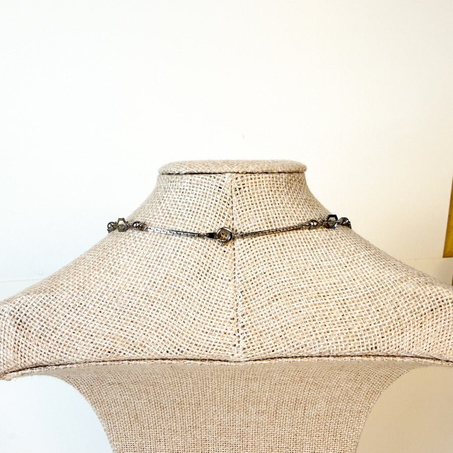 Vintage Silvery Station Necklace Open Work Cage Beads Short Chain
