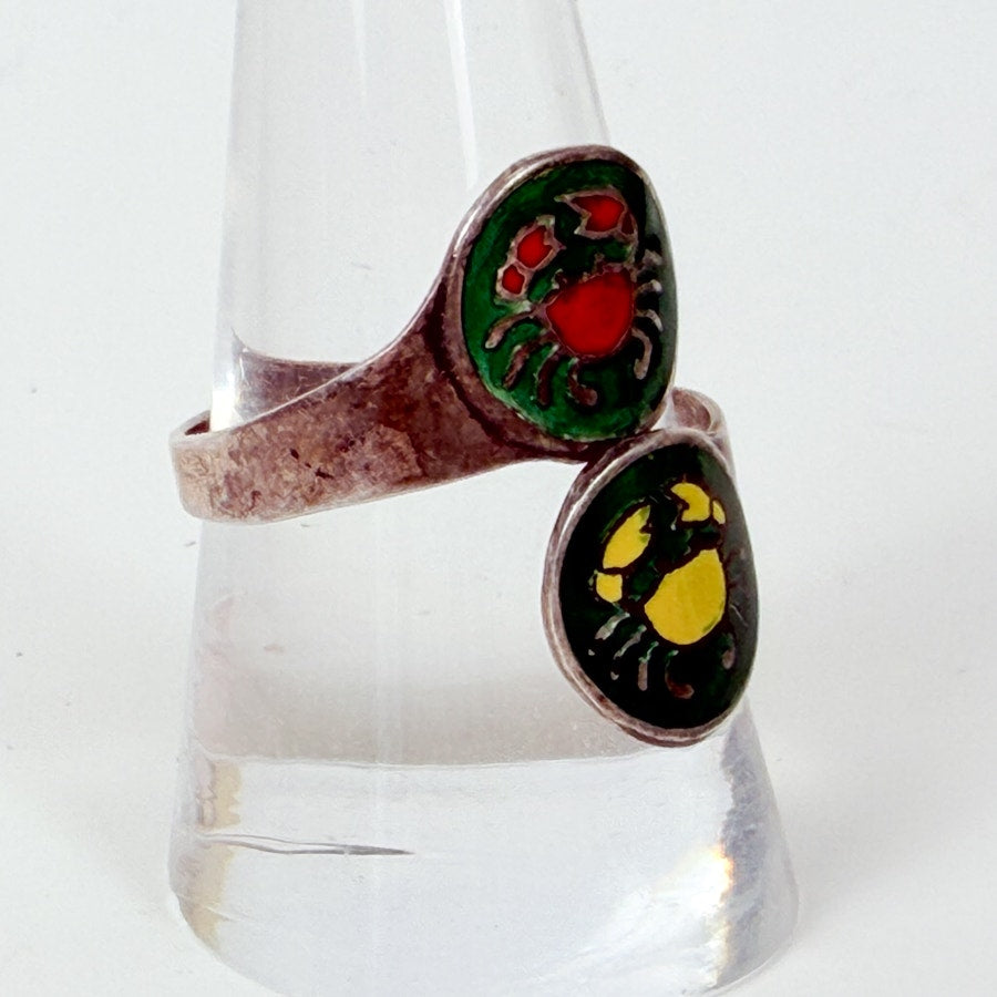 Green & Red Crab Sterling Silver Wrap Ring Adjustable Size 10.5