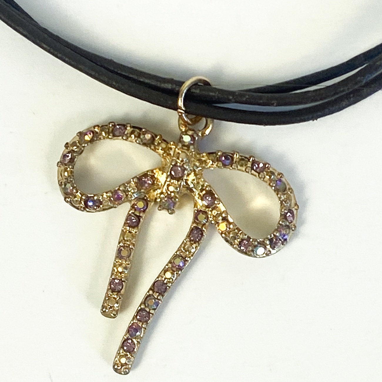 Gold with Pink Rhinestones Bow Necklace