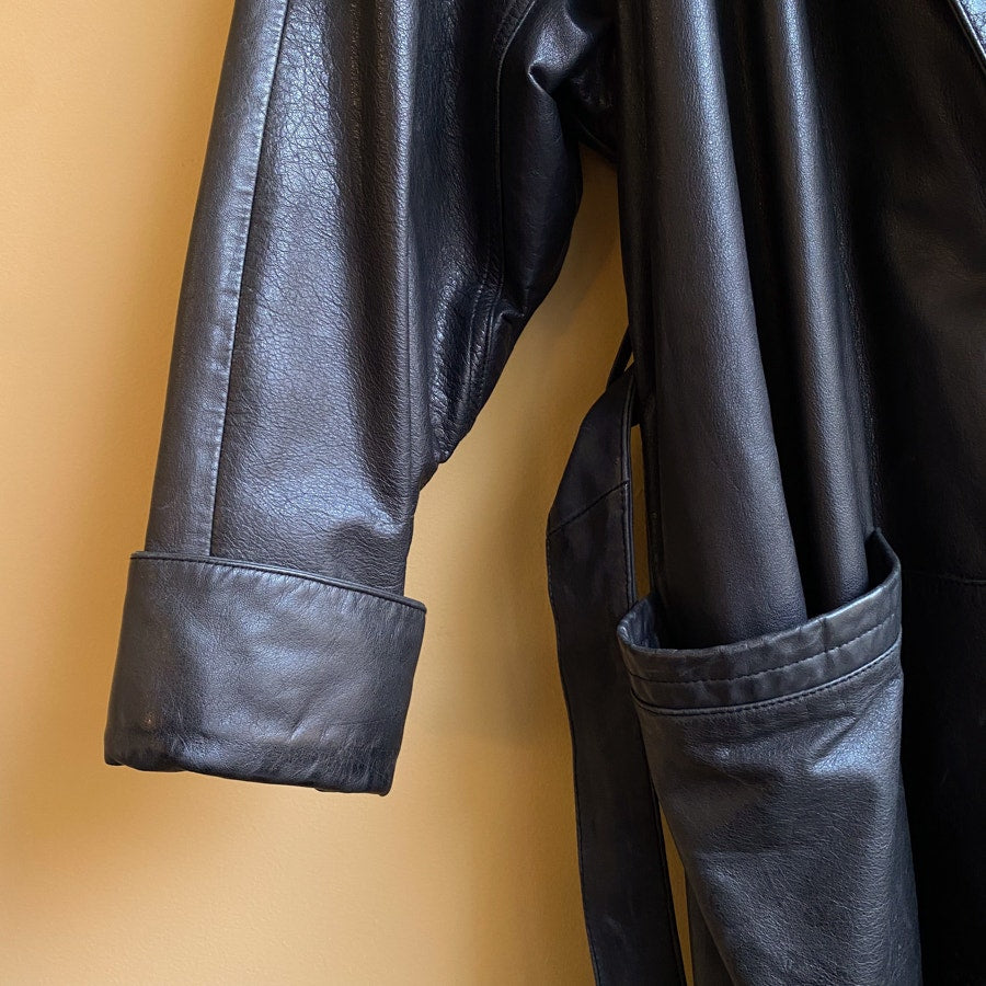 Black Leather Jacket Vintage Belted Robe Women's Size Medium