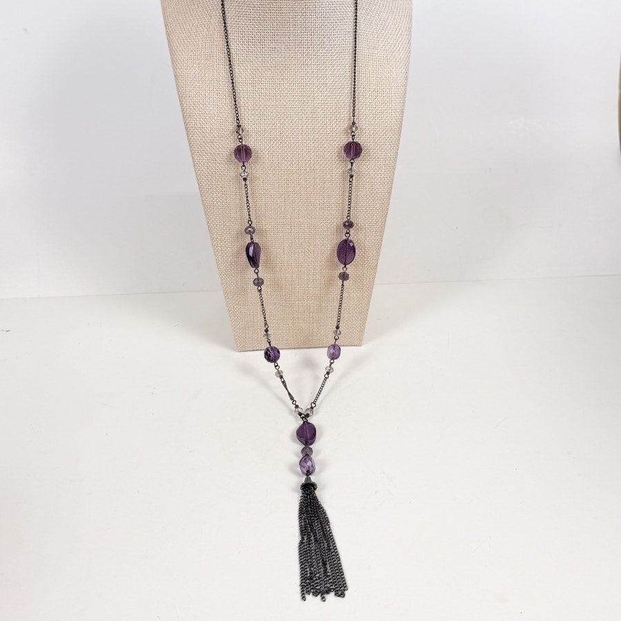 Purple Beaded Tassel Chain Necklace