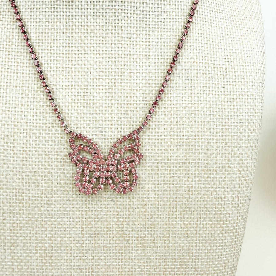 Pink Rhinestone Butterfly Necklace