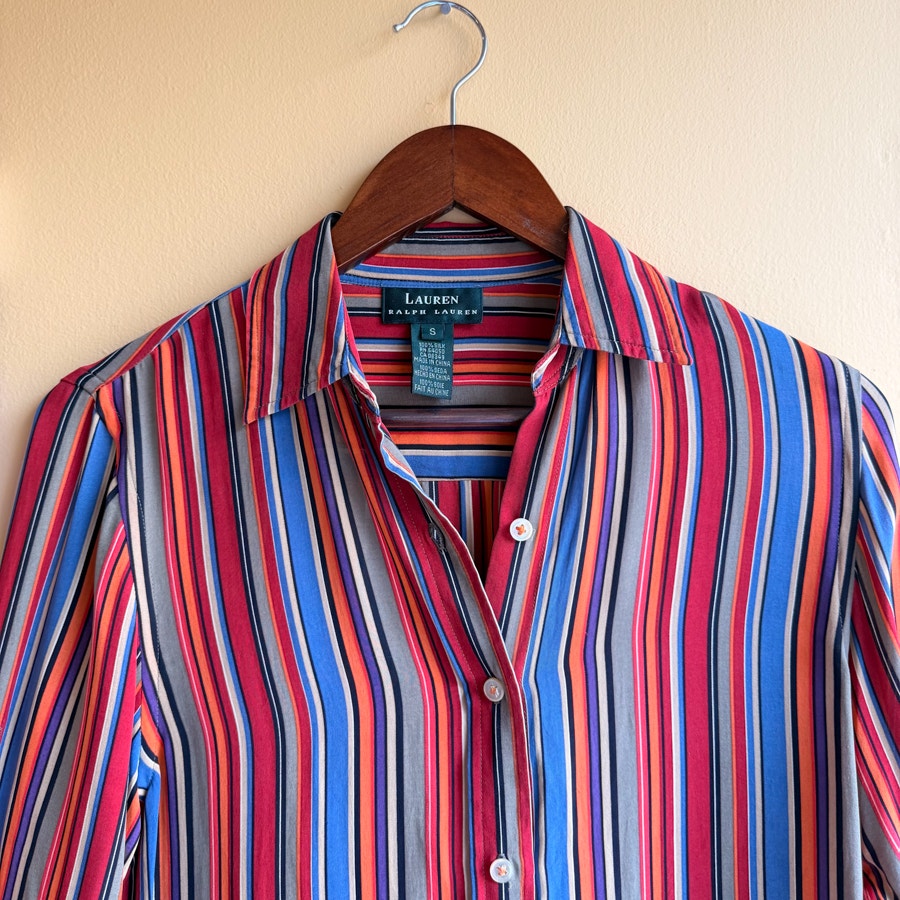 Lauren Ralph Lauren 100% Silk Striped Button-Up Blouse Size Small