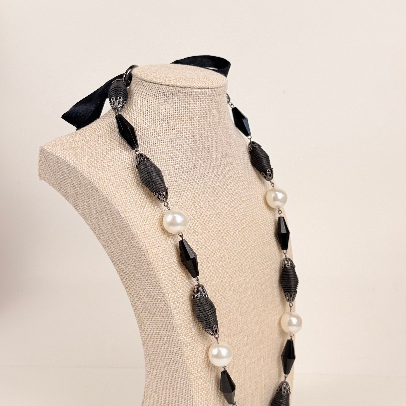 Tie Back Station Necklace Black and Pearlescent Beads Long Statement
