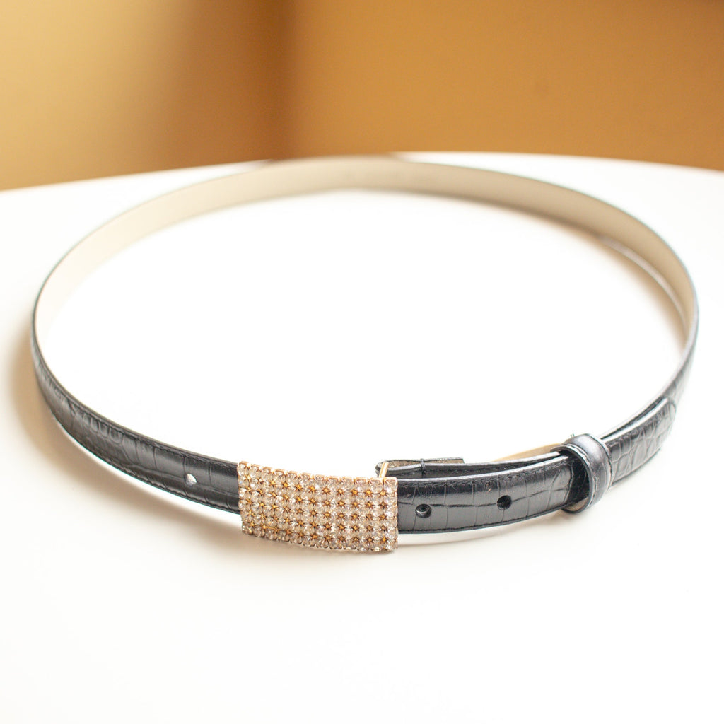 Black Crocodile Embossed Skinny Belt