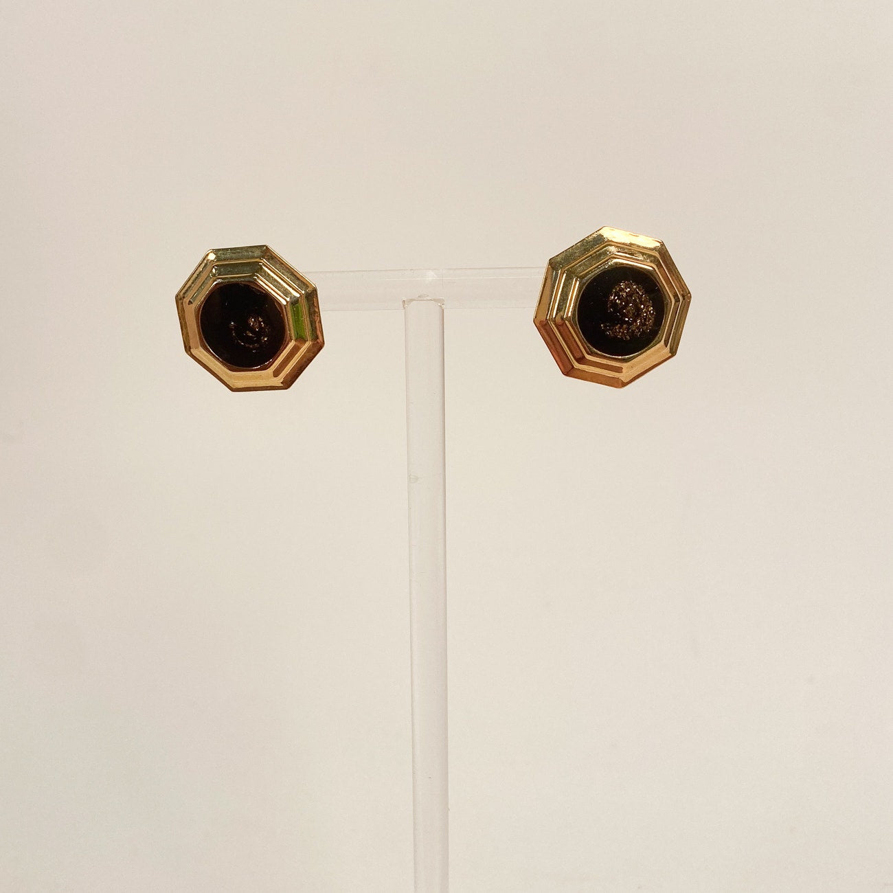 Gold Tone and Black Enamel Stud Earrings Retro