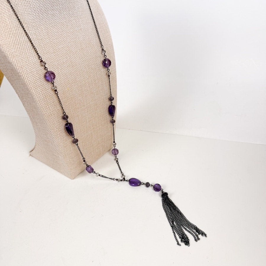Purple Beaded Tassel Chain Necklace