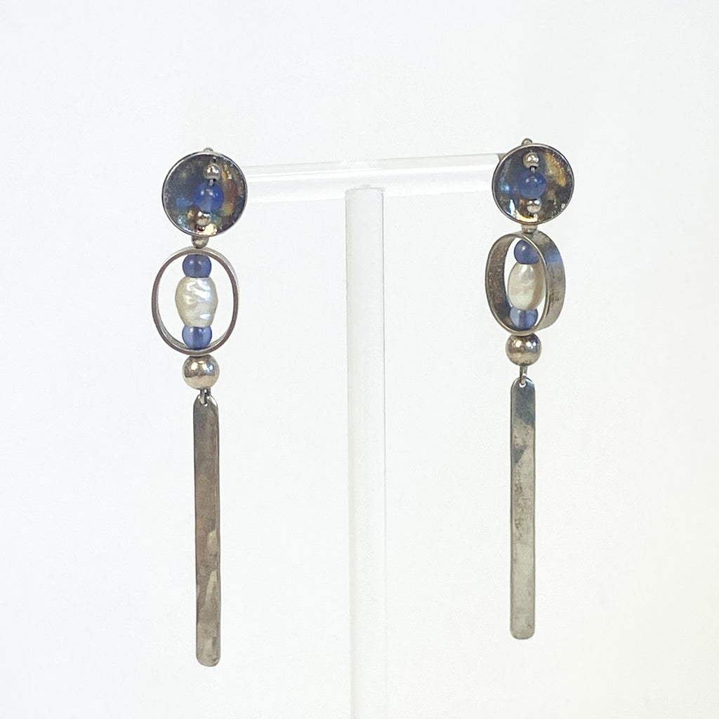 Silver Long Dangly Earrings Sterling Silver with Blue and Pearl Beads 2.5 Inches