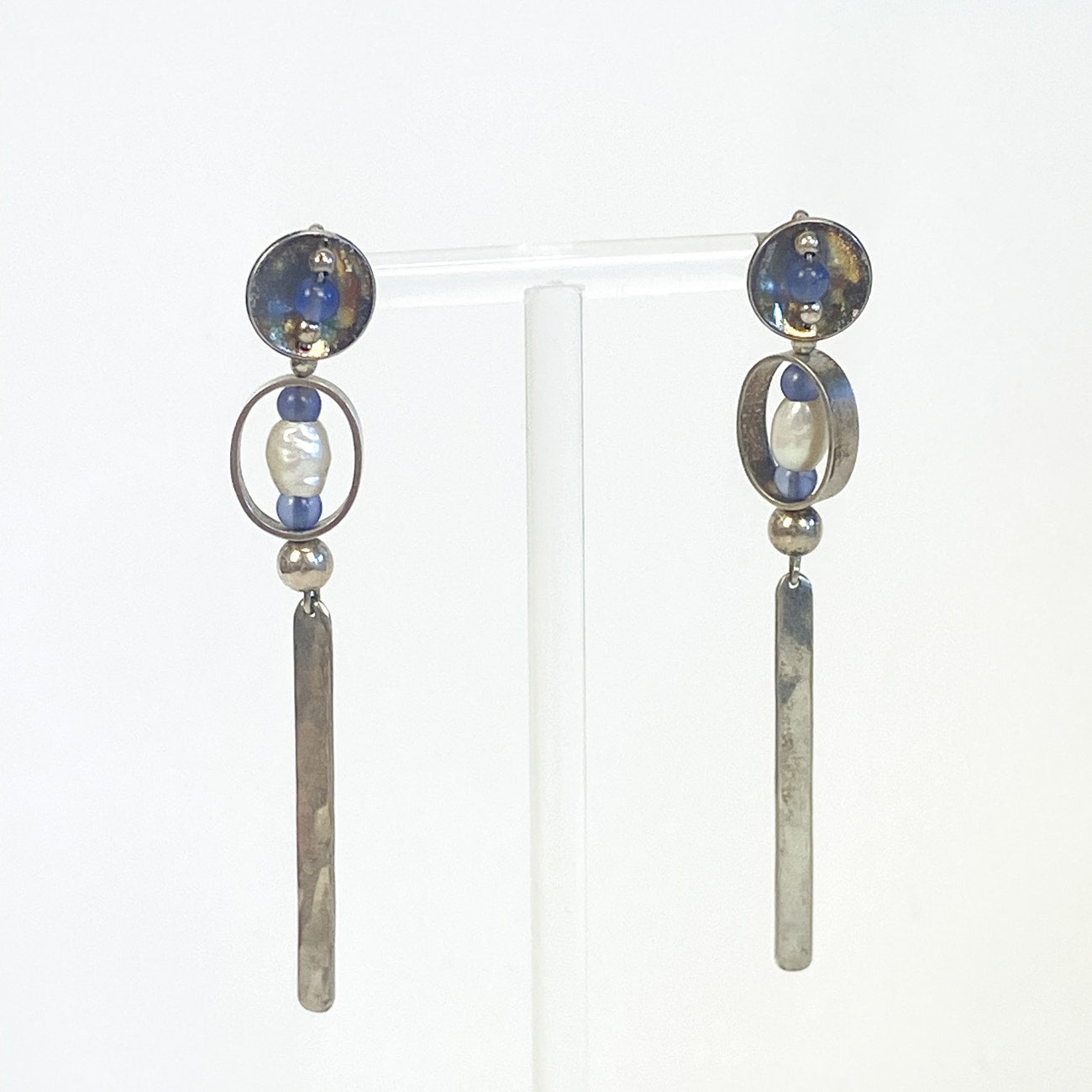 Silver Long Dangly Earrings Sterling Silver with Blue and Pearl Beads 2.5 Inches