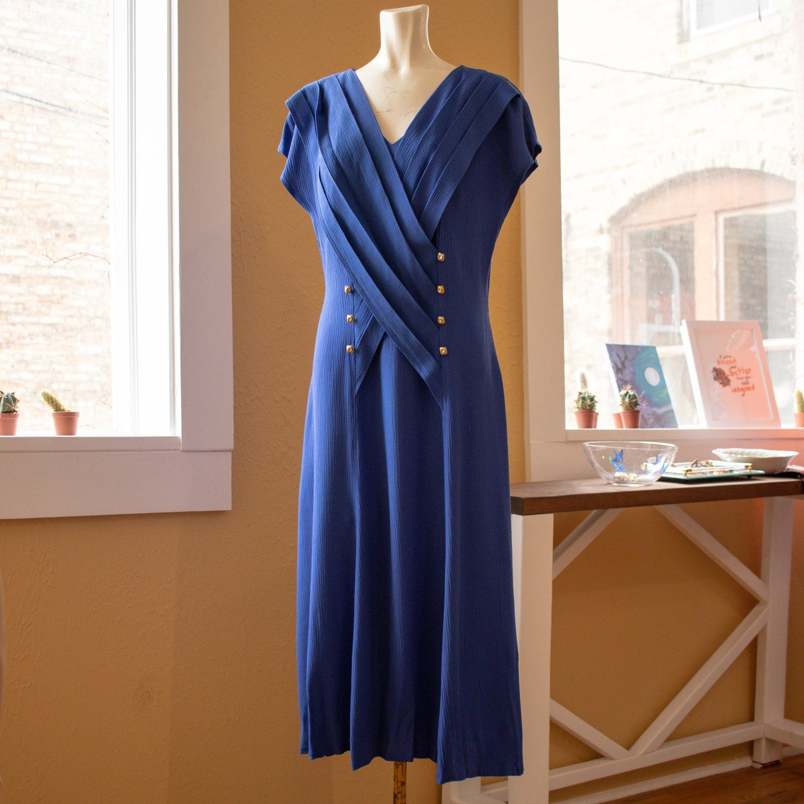 Vintage Blue Pleated Flutter Sleeve Tea Length Dress