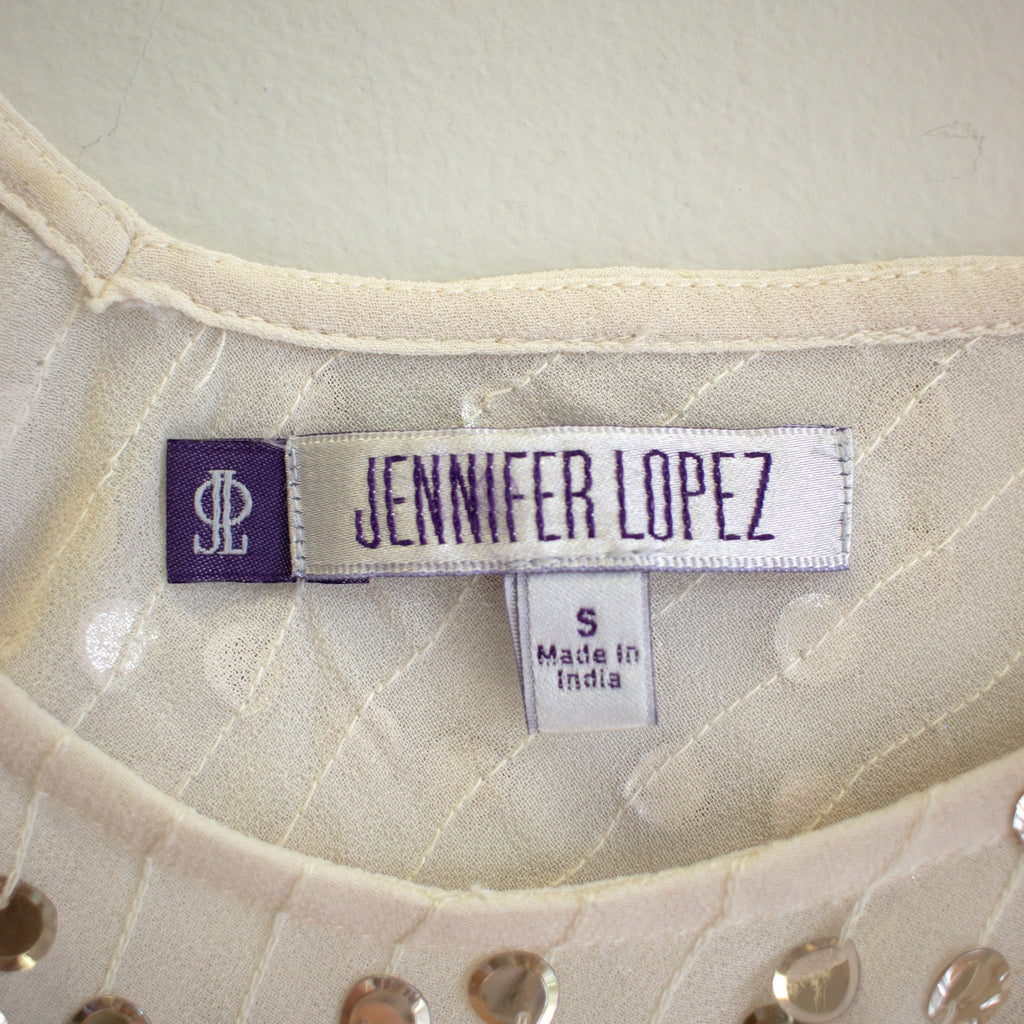 Jennifer Lopez Sheer Silver Sequin Loose-Fit Blouse Size Small