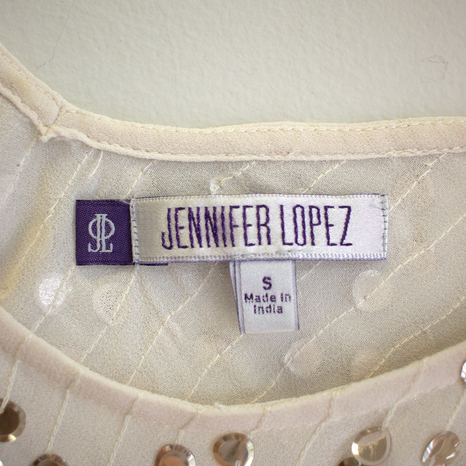 Jennifer Lopez Sheer Silver Sequin Loose-Fit Blouse Size Small