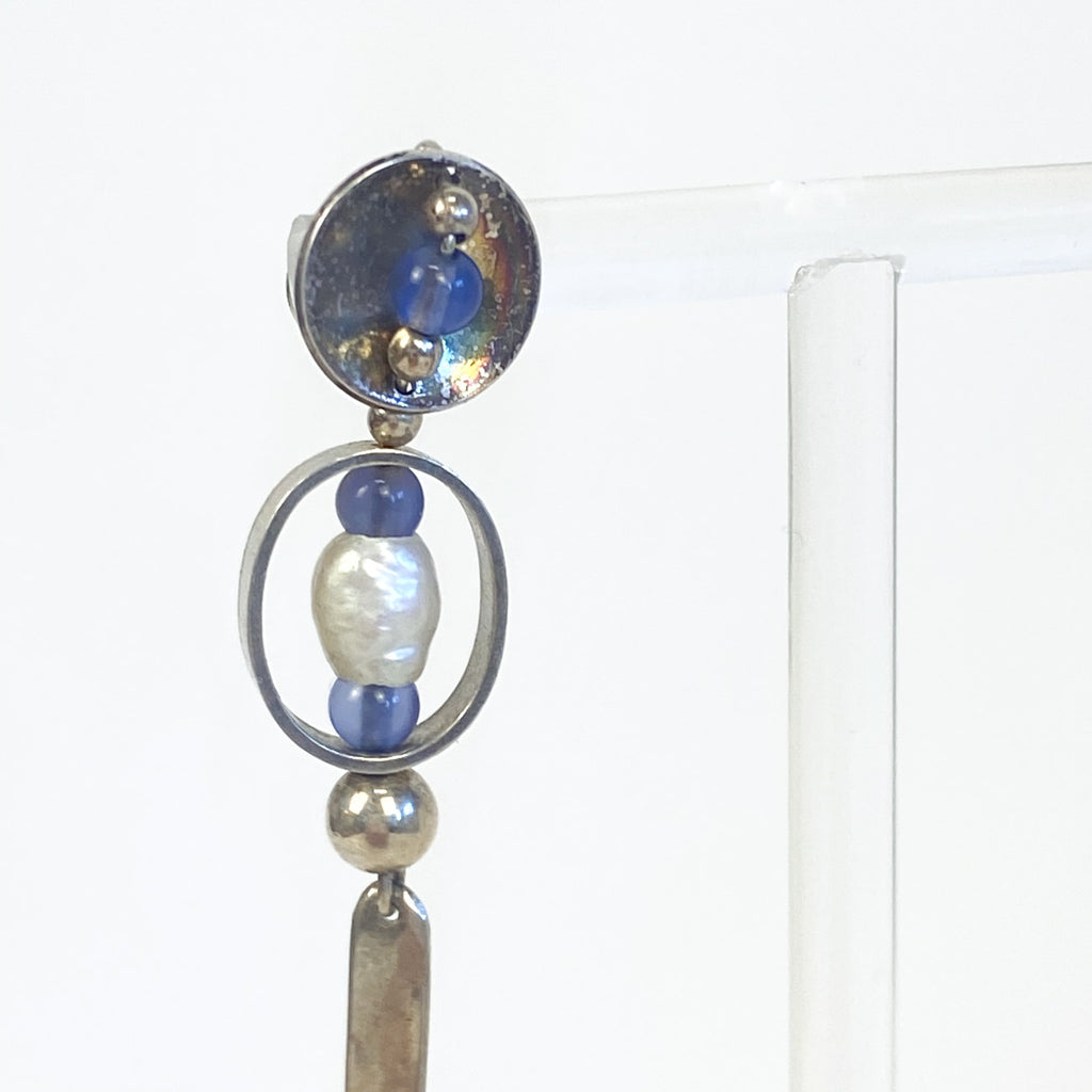 Silver Long Dangly Earrings Sterling Silver with Blue and Pearl Beads 2.5 Inches