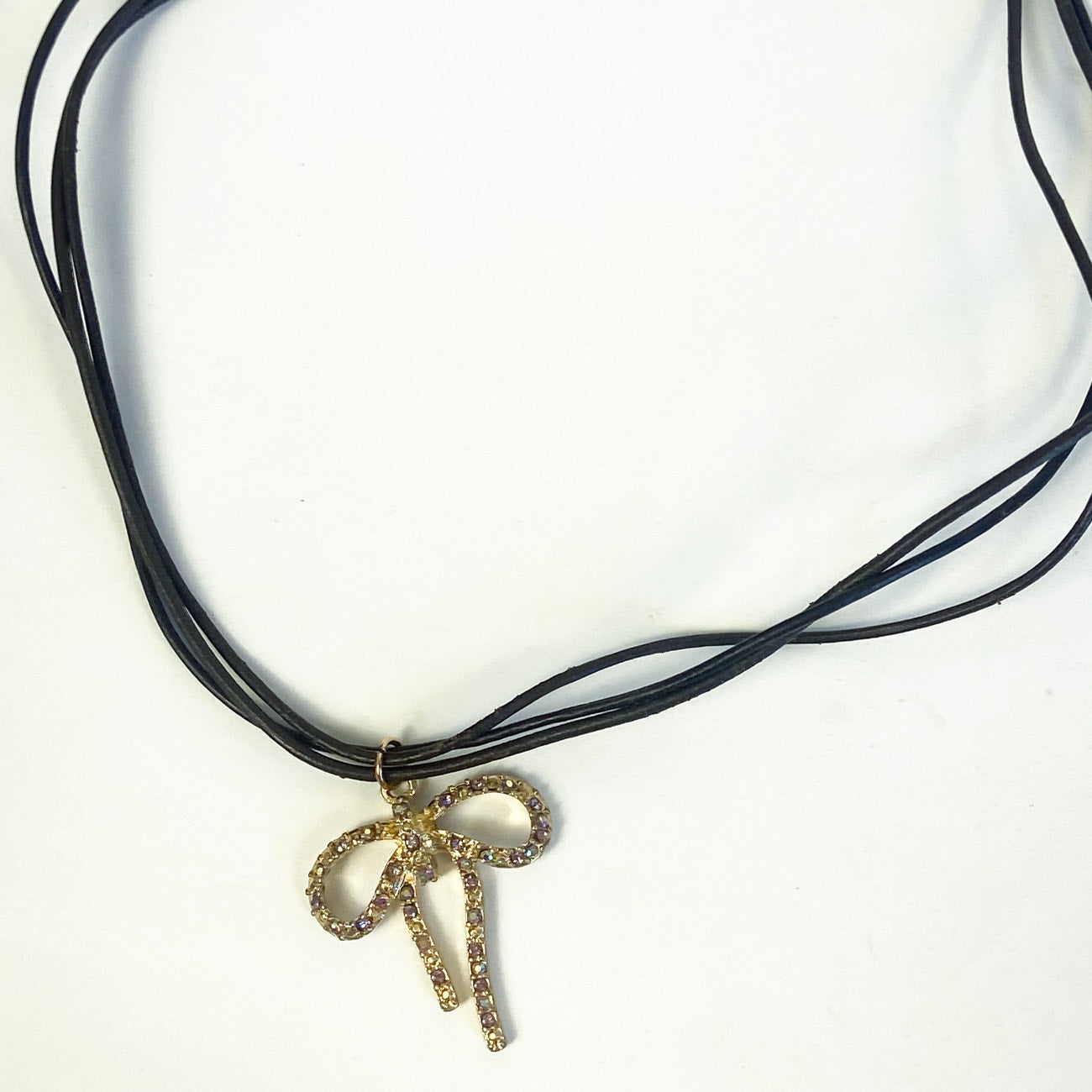 Gold with Pink Rhinestones Bow Necklace