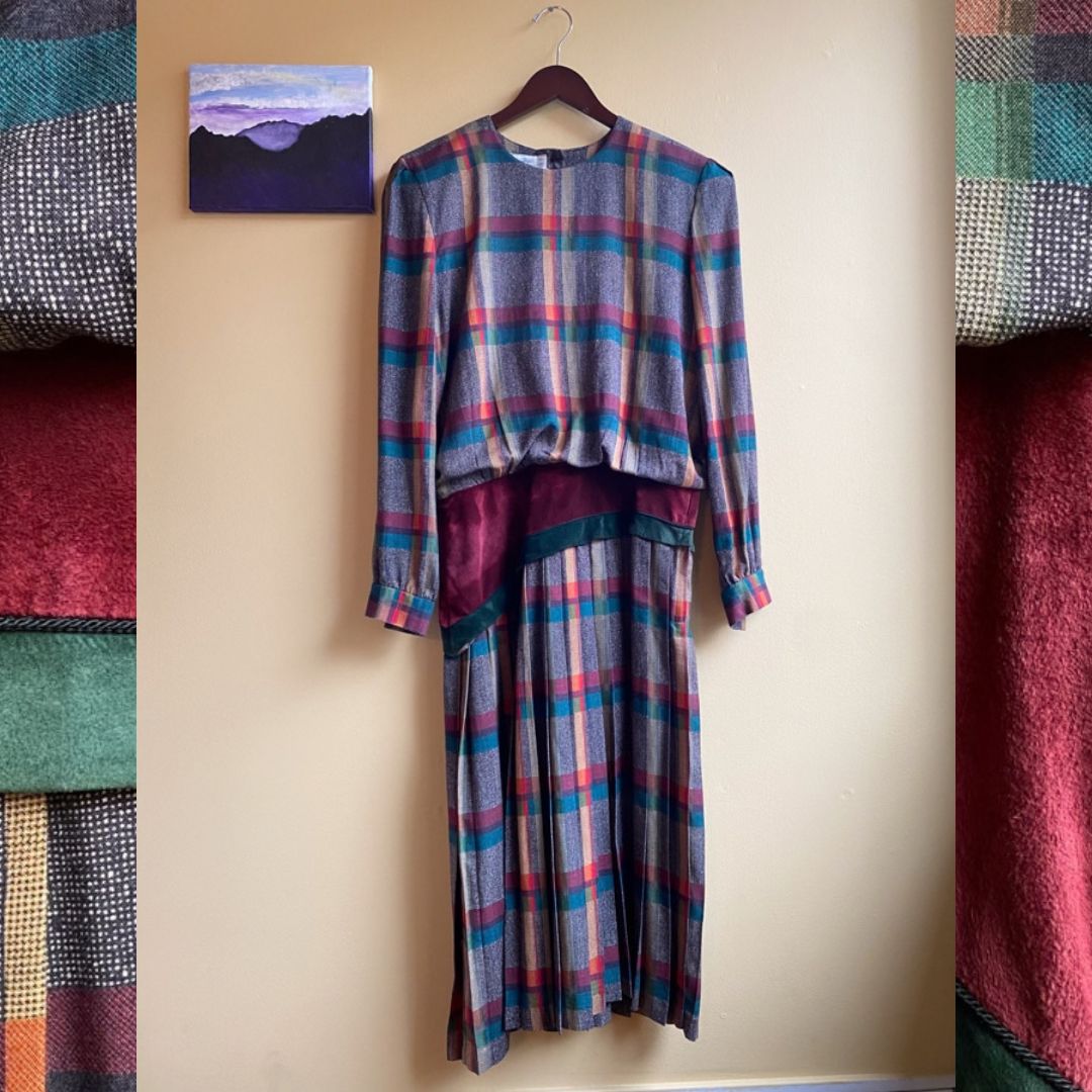 Plaid Workwear Dress Vintage Saks Fifth Avenue Pleated Skirt Drop Waist Size 12