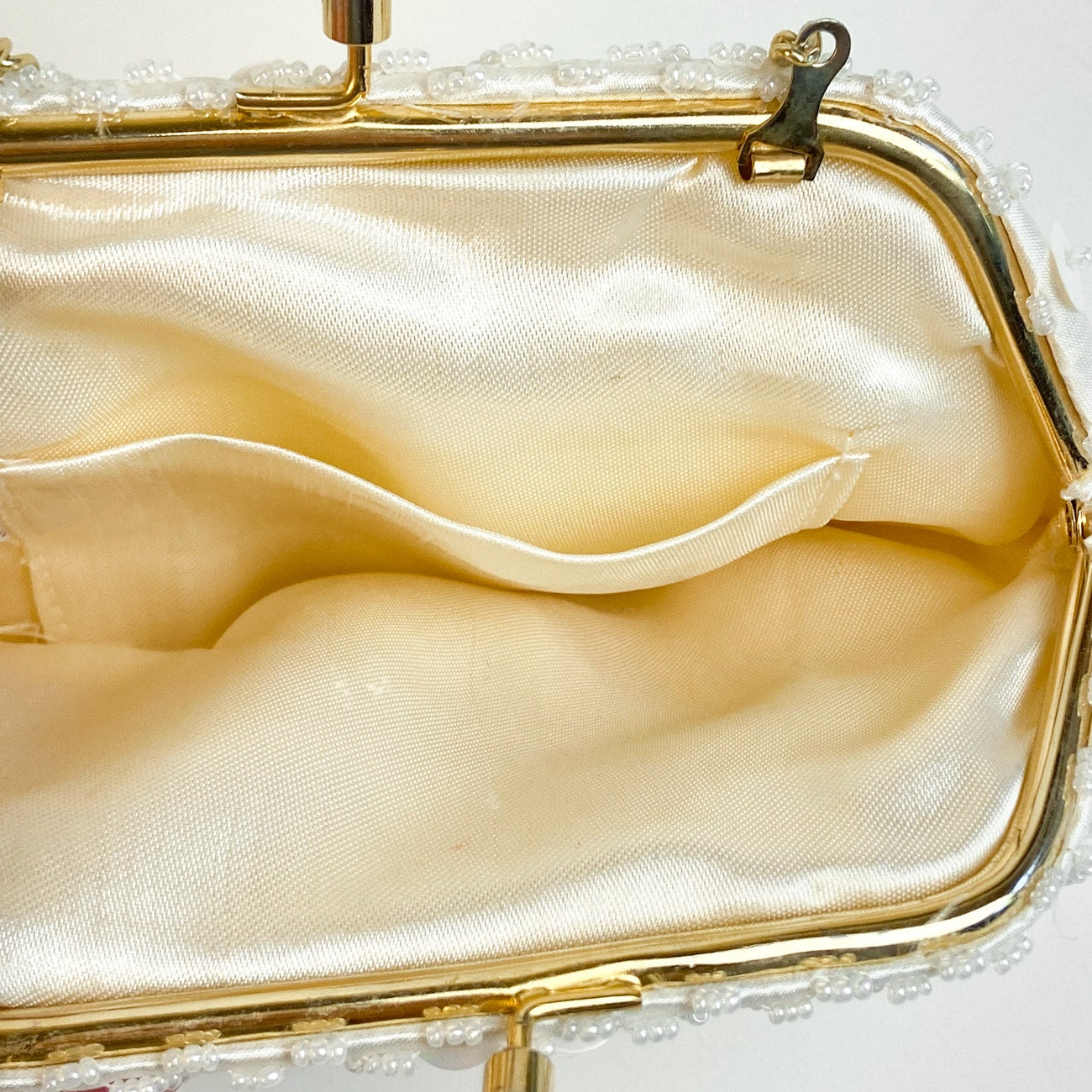 Satin Beaded Evening Bag Hand Made in Hong Kong Cream Gold Tone White Clutch