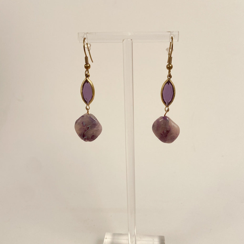 Gold Tone Purple Mineral Earrings