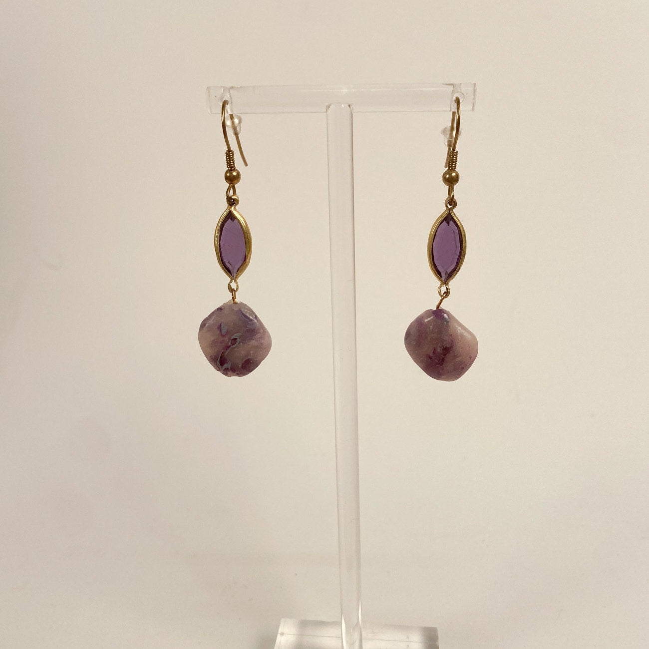 Gold Tone Purple Mineral Earrings