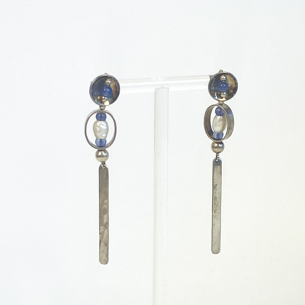 Sterling Silver Drop Earrings Long Blue and Pearl Beads