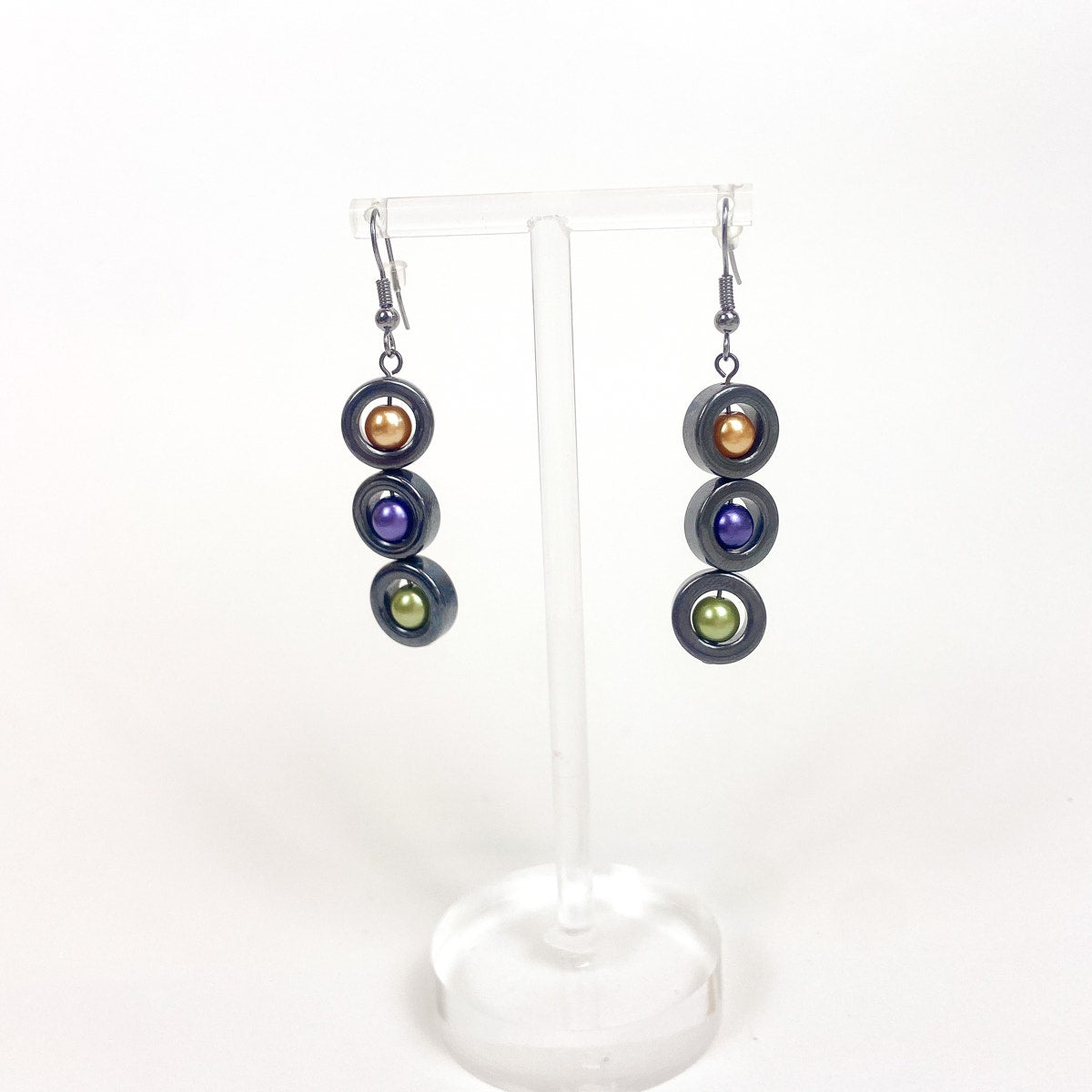 Hematite Colorful Bead Earrings Gunmetal Gray