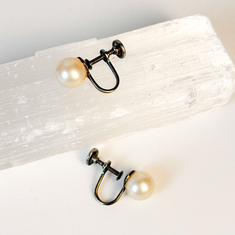 Screw-Back Glass Pearl Studs | Vintage Clip-Ons