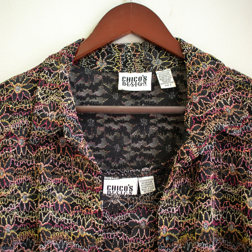 Vintage Chico's Design Sheer Embroidered Floral Cardigan Top Set Size Small