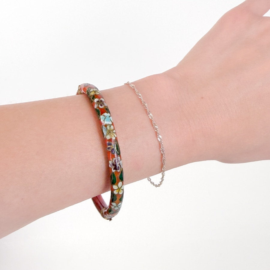 Vintage Red Green/Gold/Blue/White Cloisonné Hinged Bangle Bracelet Floral