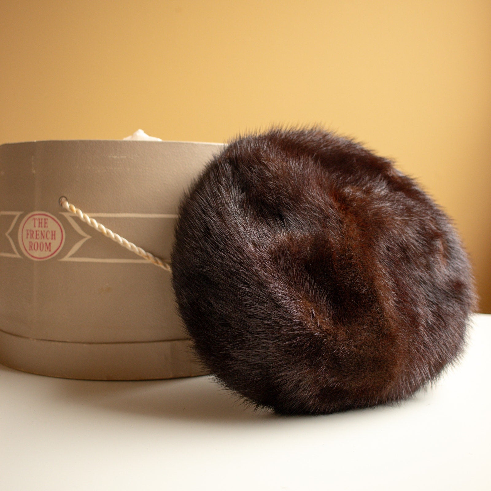 Vintage Dark Brown Fur Pillbox Hat | Mr. Mark New York hat in Marshall Fields Box