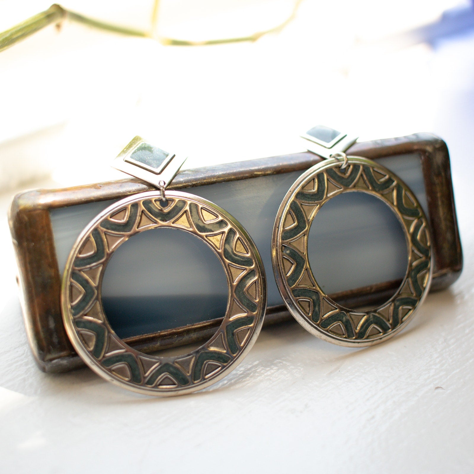 Vintage Geometric Dark Blue Dangle Hoop Earrings