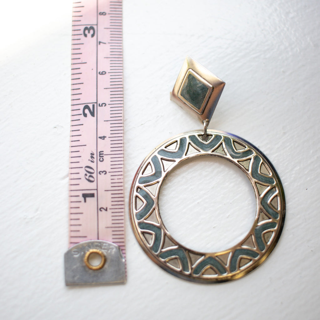 Vintage Geometric Dark Blue Dangle Hoop Earrings