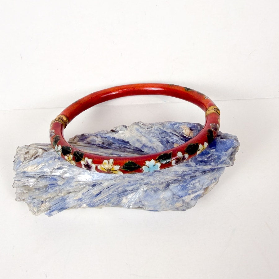 Vintage Red Green/Gold/Blue/White Cloisonné Hinged Bangle Bracelet Floral