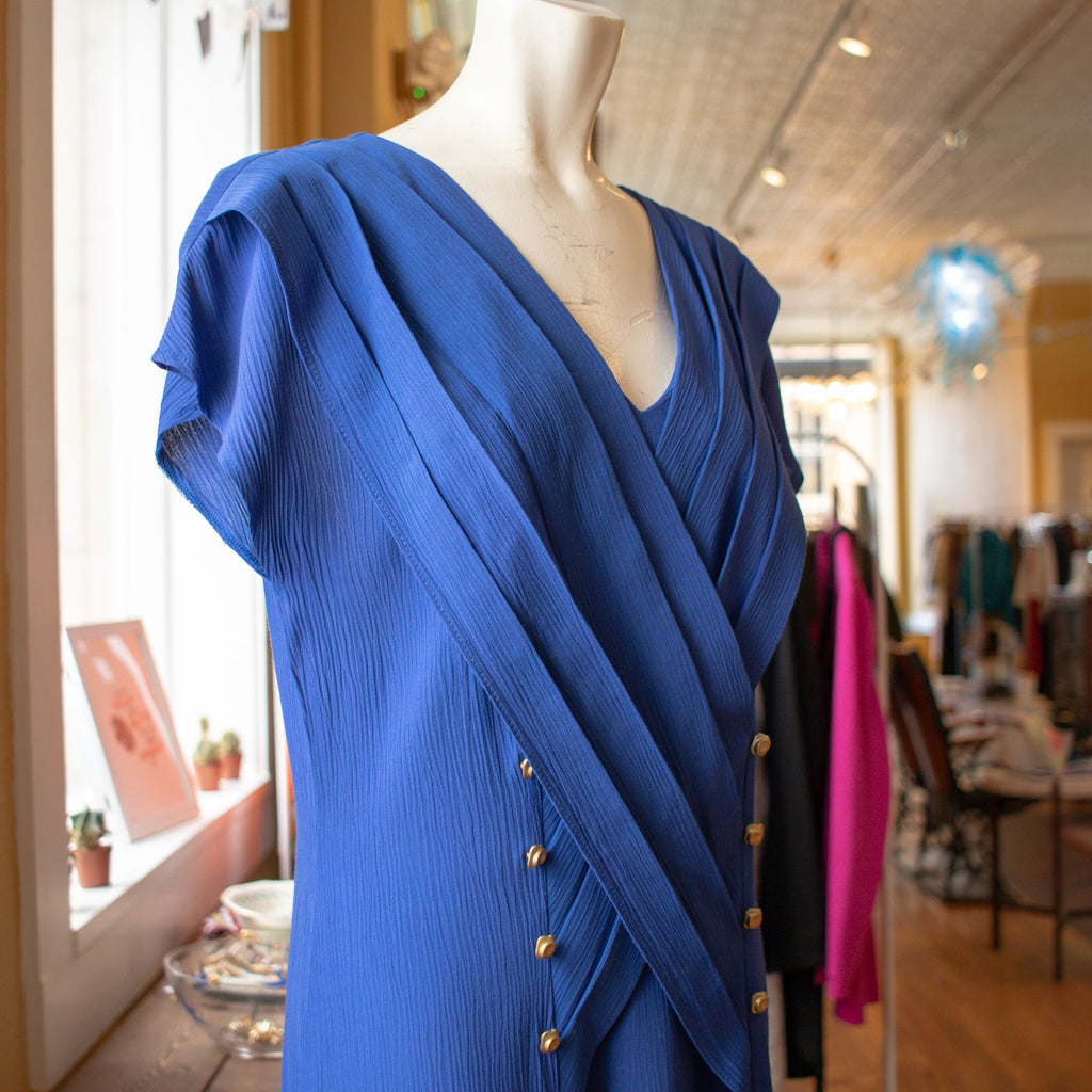 Vintage Blue Pleated Flutter Sleeve Tea Length Dress