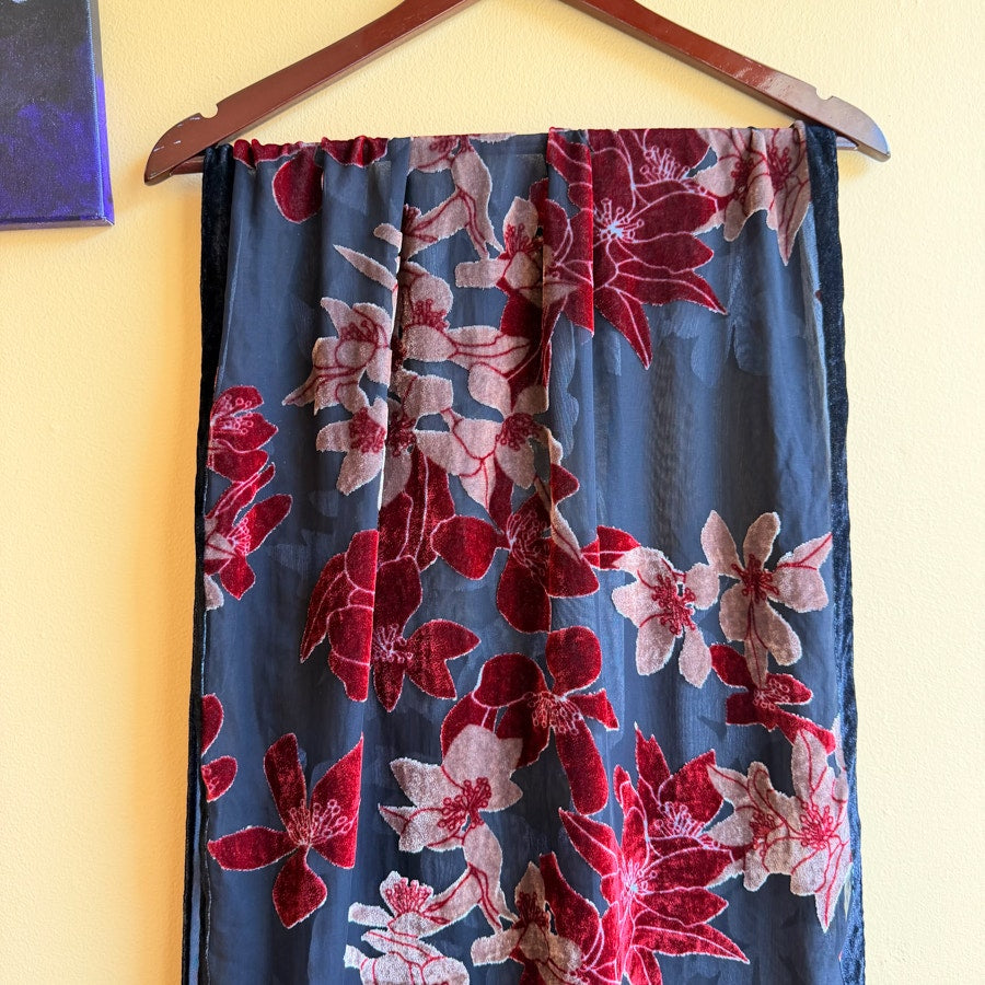 Burnout Velvet Scarf Whimsygoth Red and Black Shawl