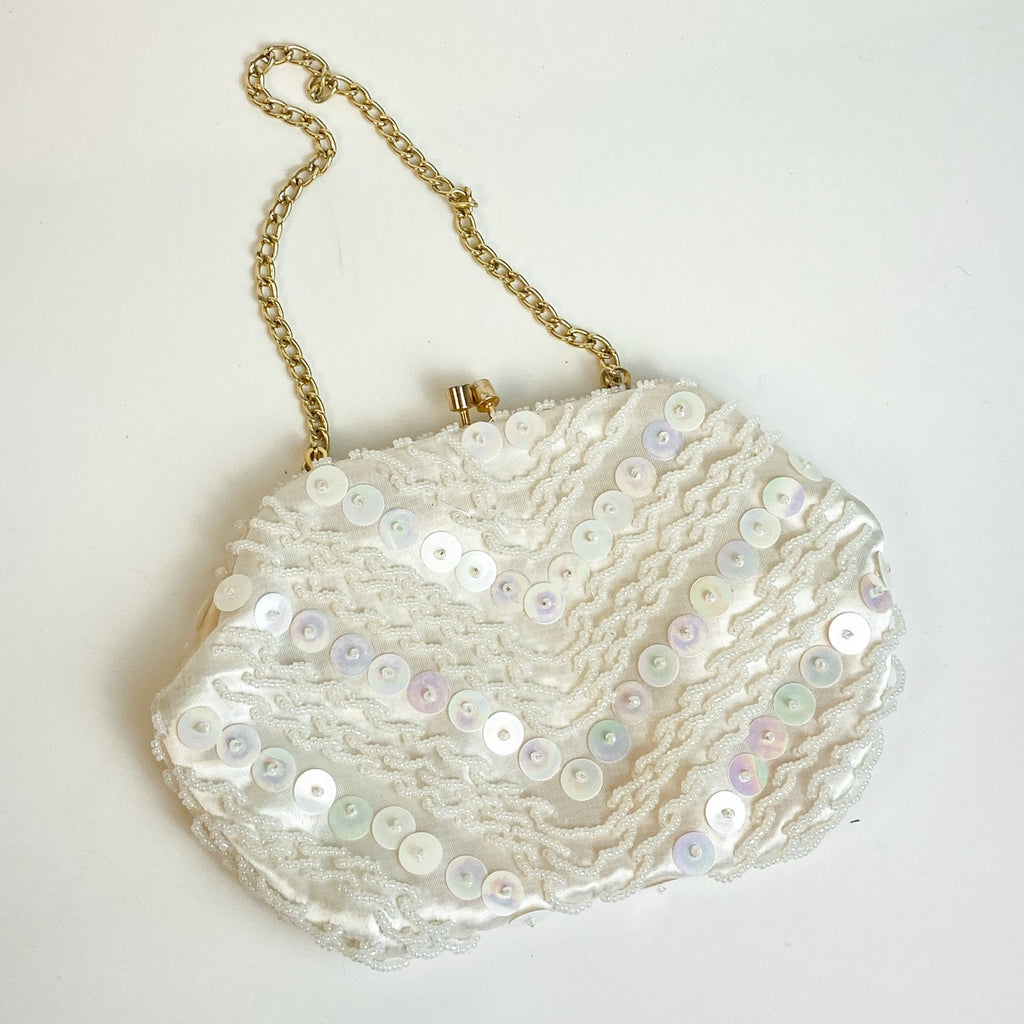Satin Beaded Evening Bag Hand Made in Hong Kong Cream Gold Tone White Clutch