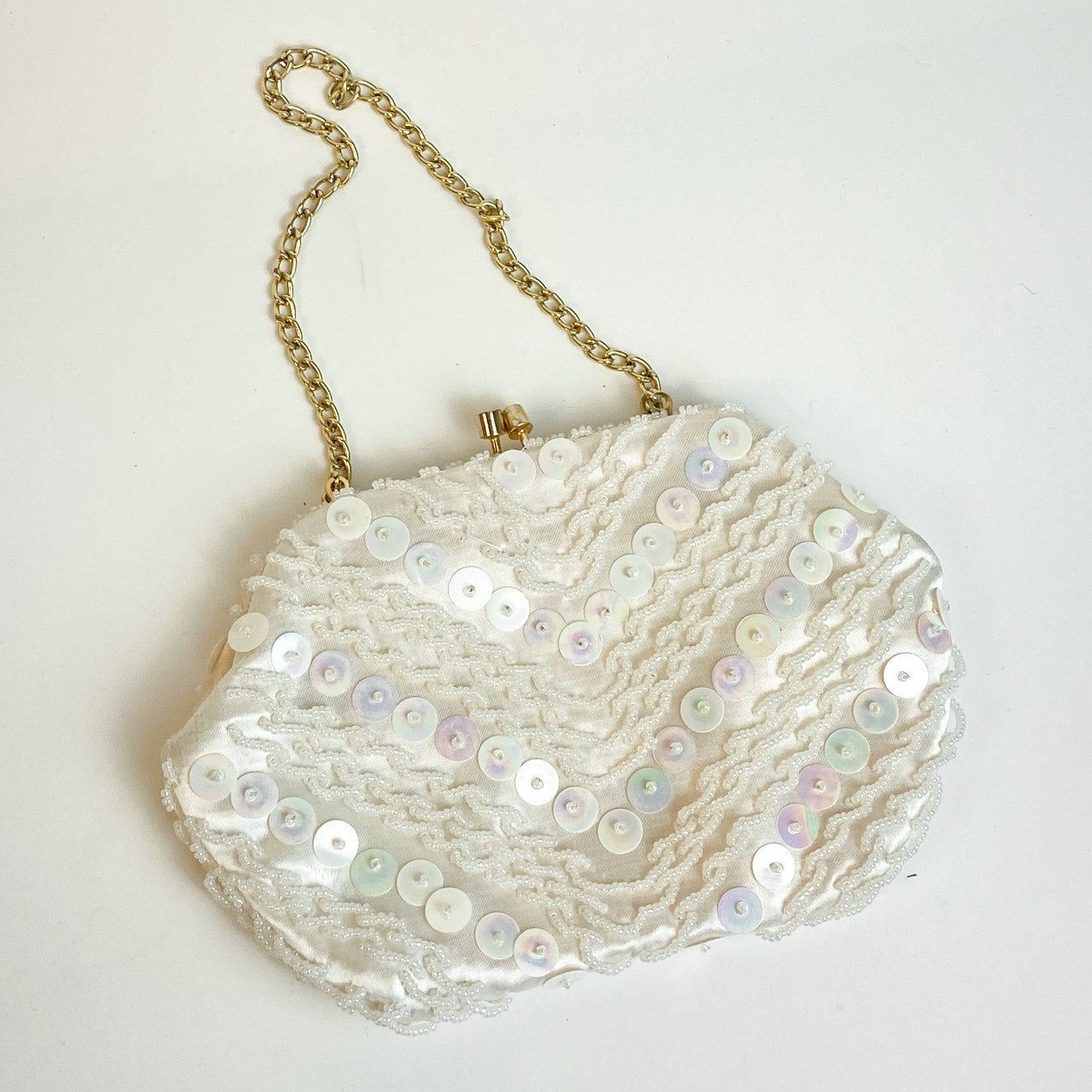 Satin Beaded Evening Bag Hand Made in Hong Kong Cream Gold Tone White Clutch
