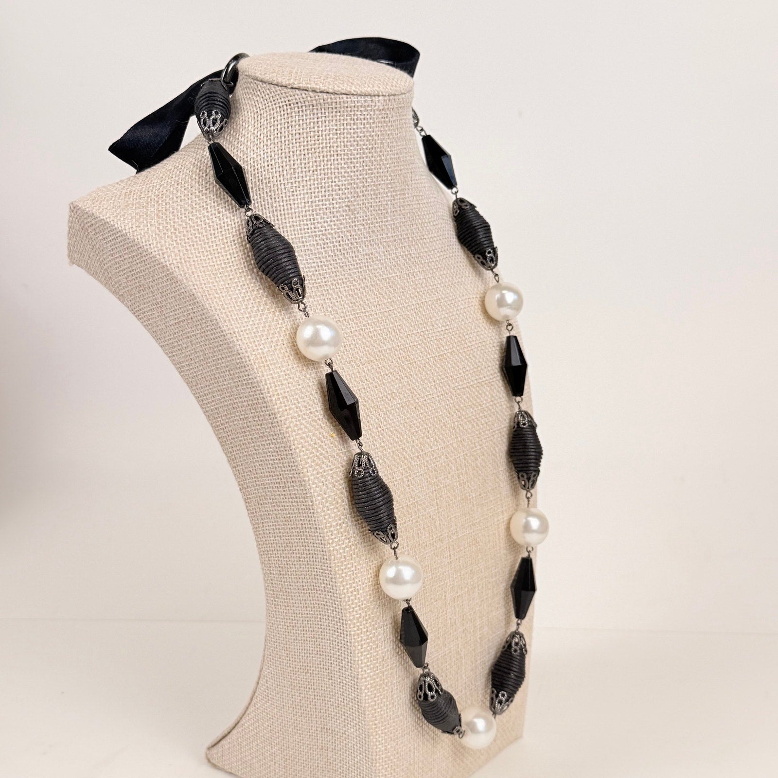 Tie Back Station Necklace Black and Pearlescent Beads Long Statement